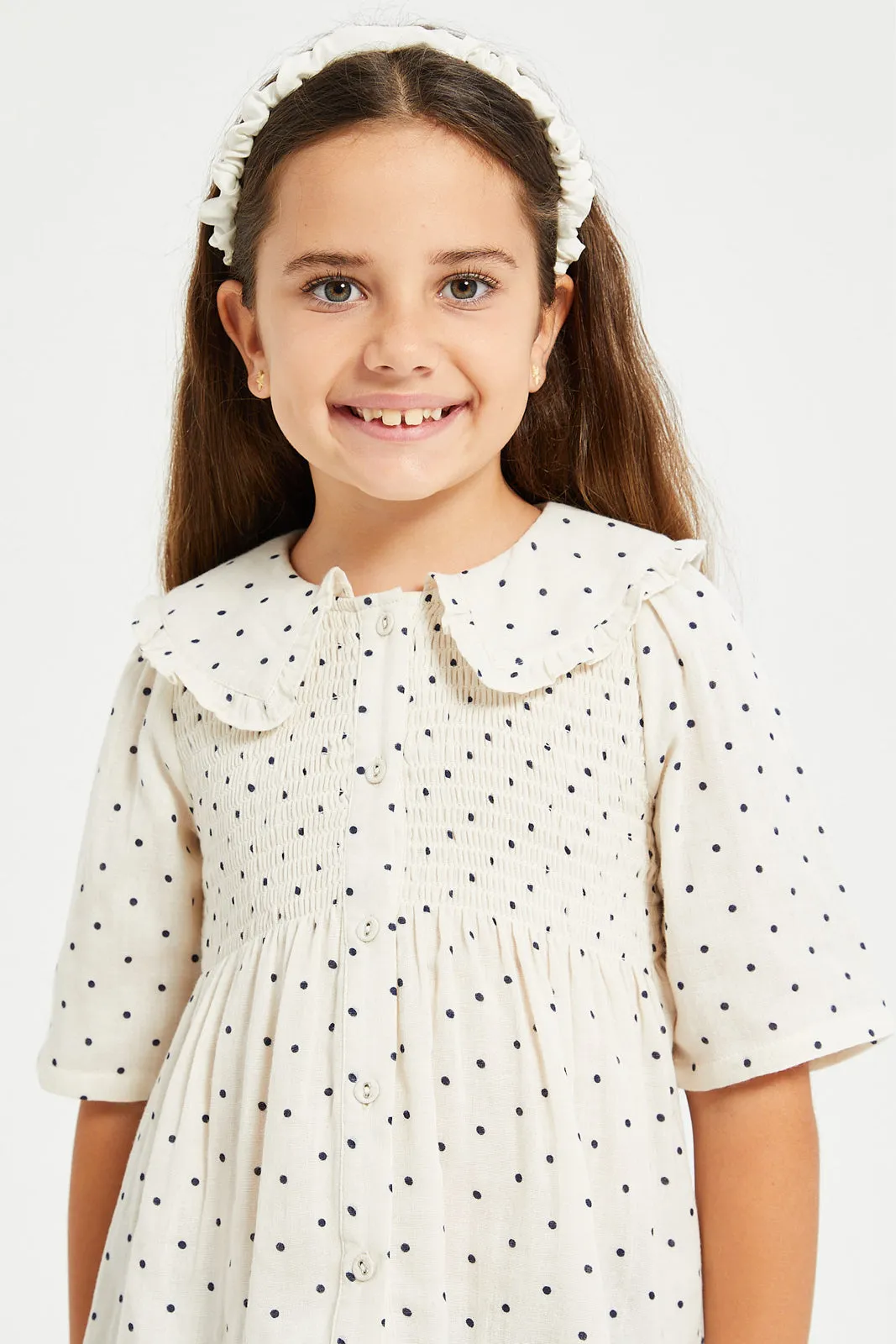 Girls Beige Polka Dot Button Front Blouse