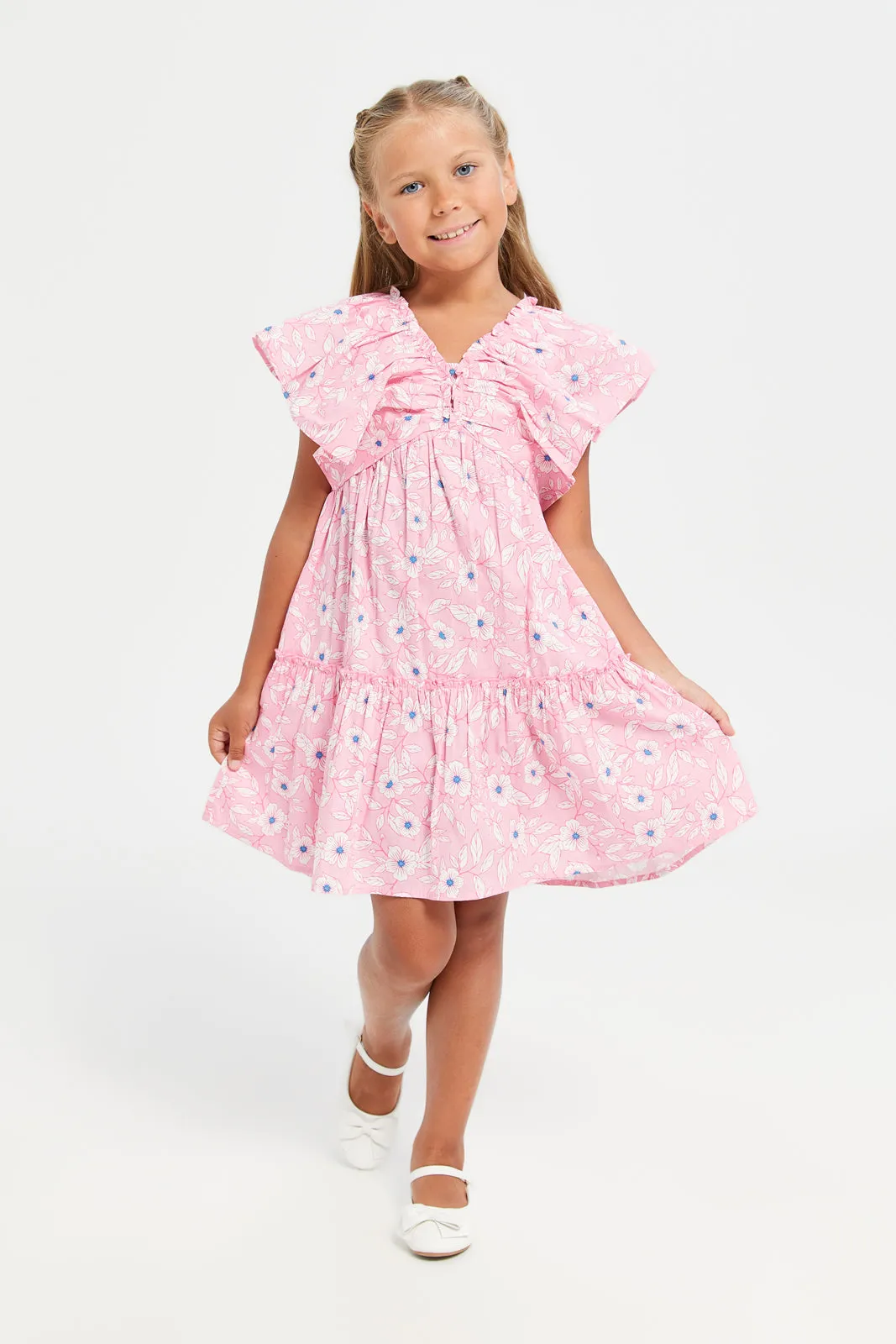 Girls Pink Floral Printed Flutter Sleeves Dress