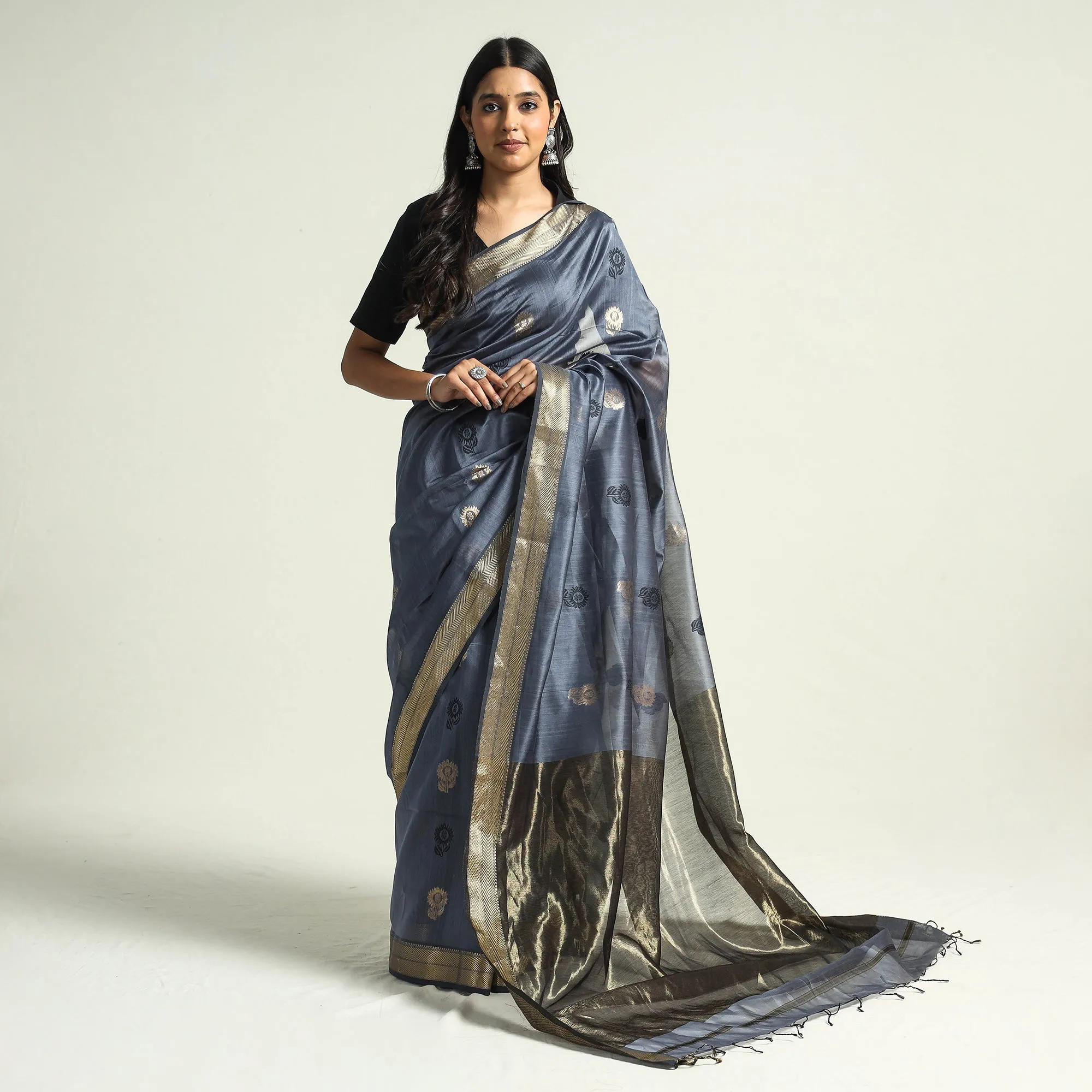 Grey - Traditional Chanderi Silk Handloom Saree with Zari Border & Buta