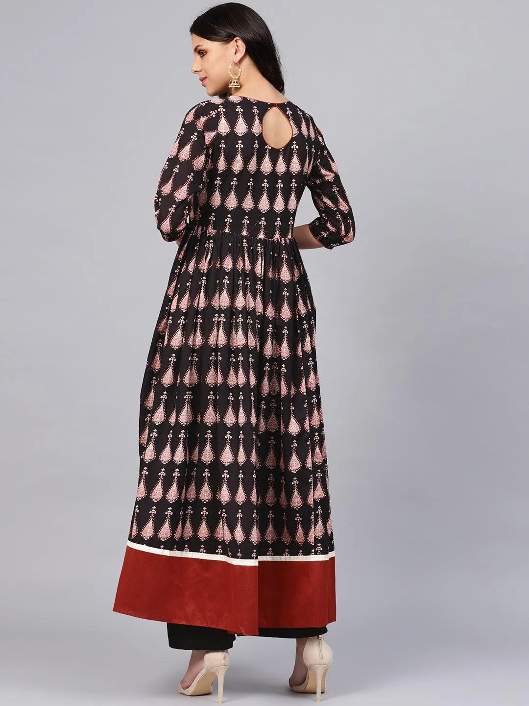 Jashvi Black Printed Cotton Floor Length Anarkali Kurta