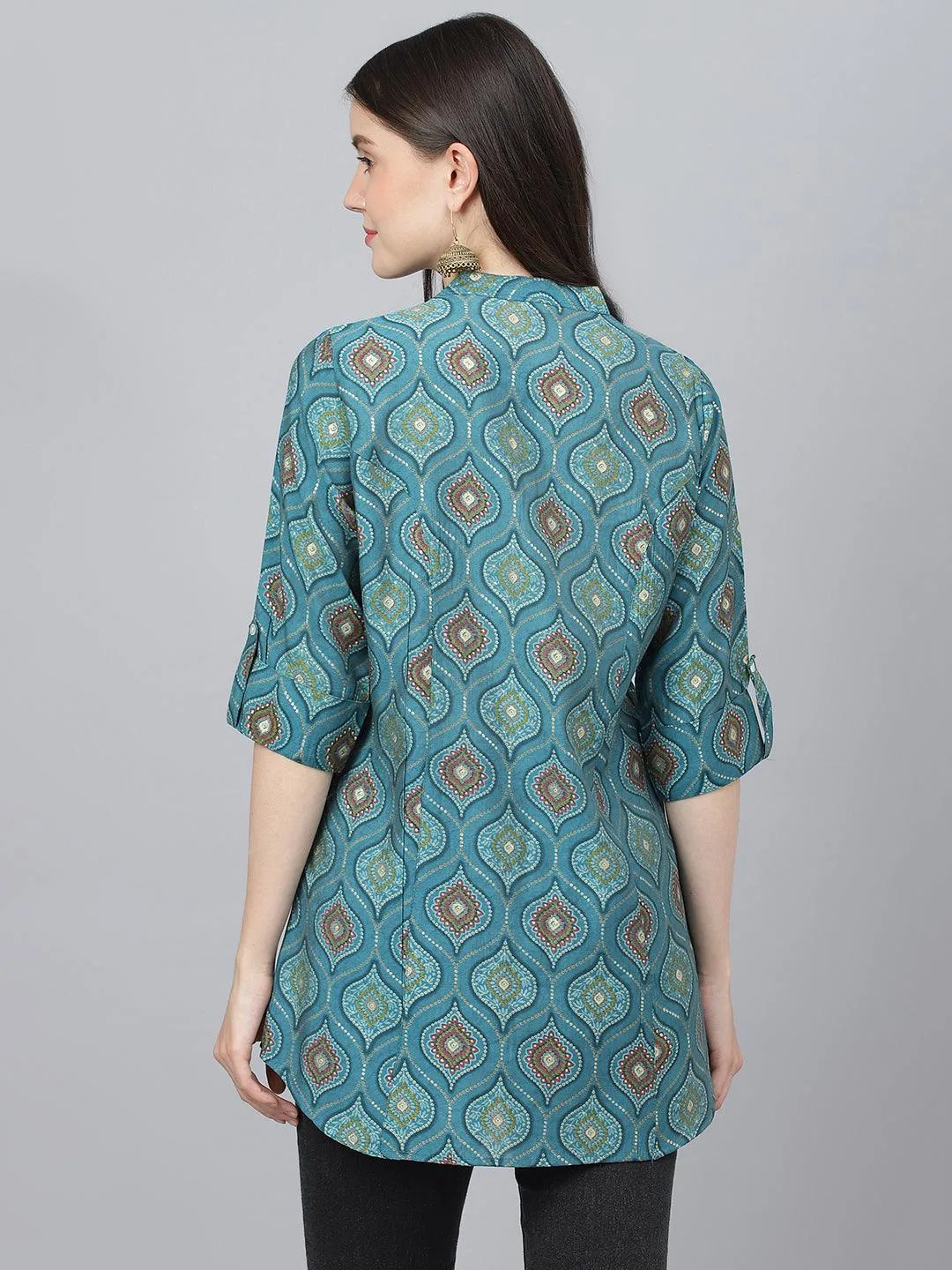 Jashvi Teal Blue Motif Printed Modal A-Line Shirts Style Top