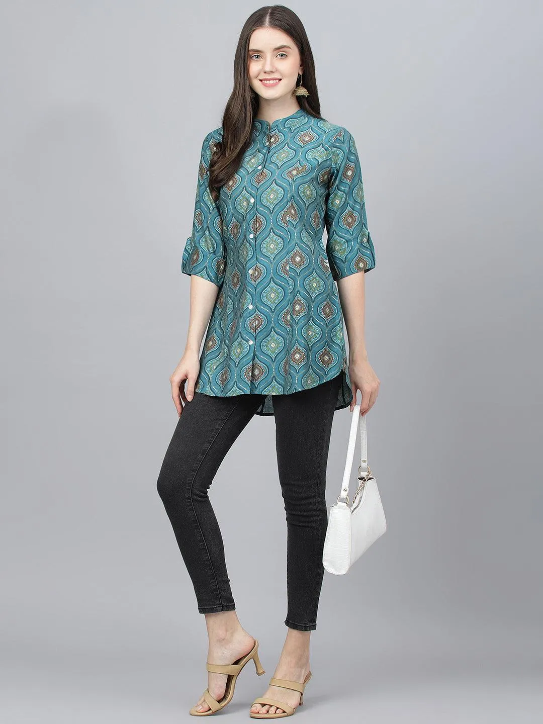 Jashvi Teal Blue Motif Printed Modal A-Line Shirts Style Top