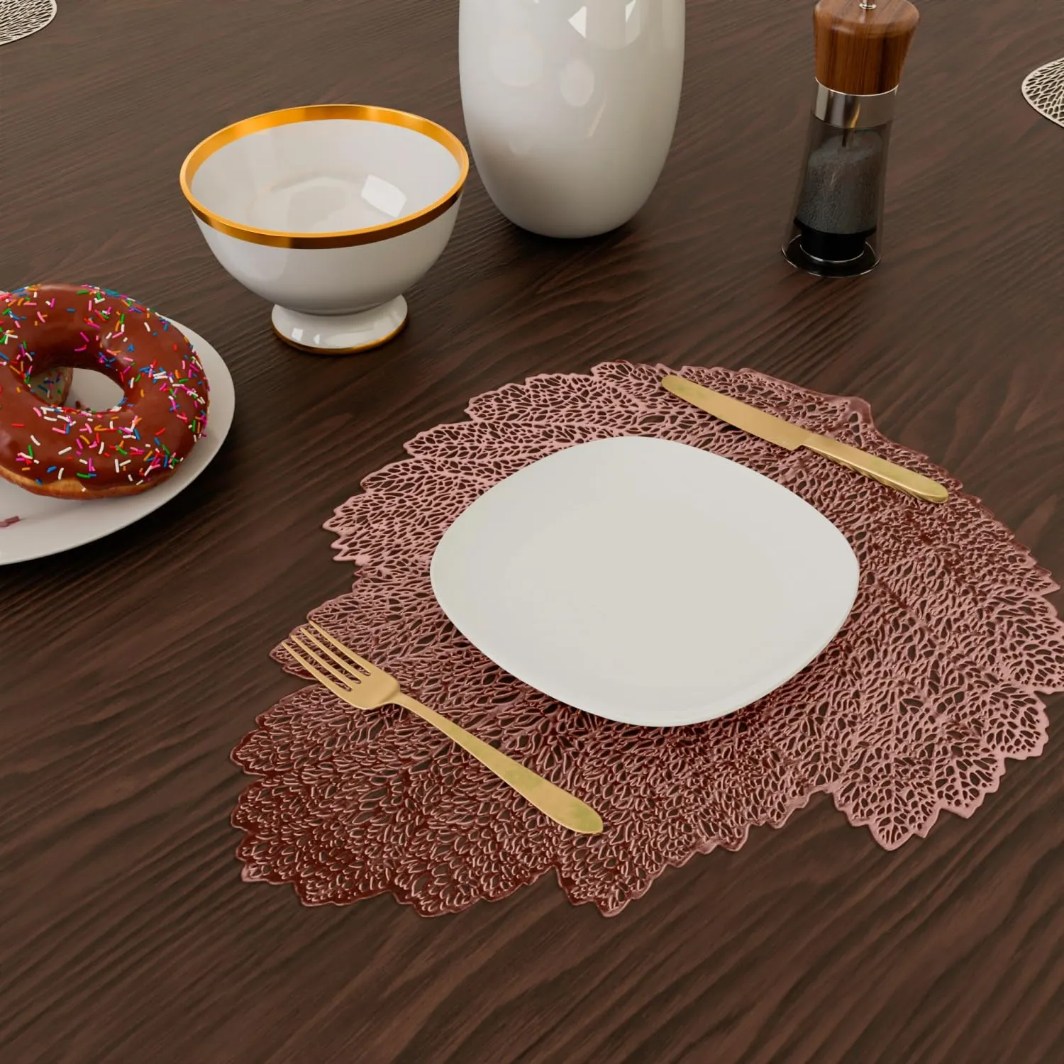 Kuber Industries Placemat | Placemats for Dining Room | Designer Table Mat Set | Placemats for Kitchen Table | Side Table Placemats | Patta Shape Placemat | 4 Piece Set | Copper