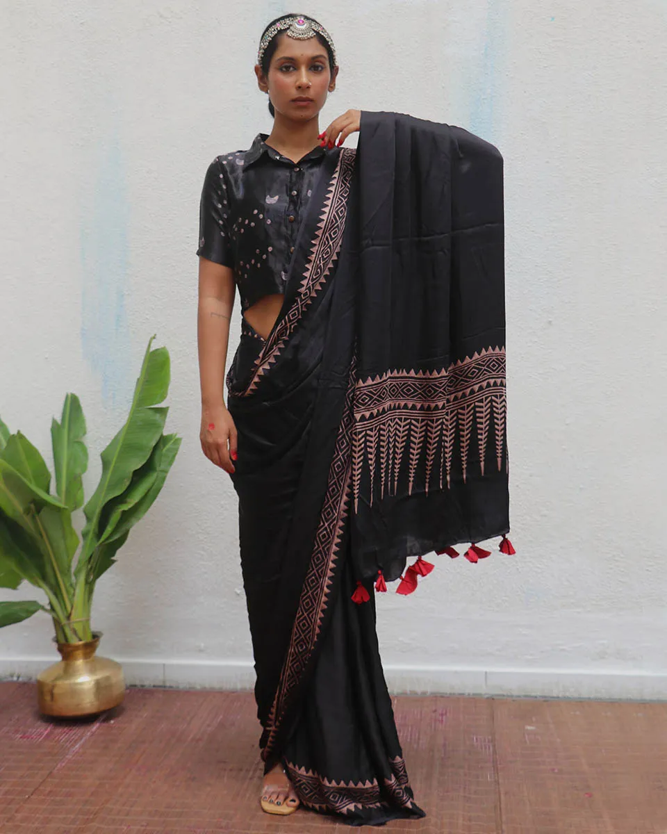 Mansi Blockprinted Modal Silk Saree - Jaisal