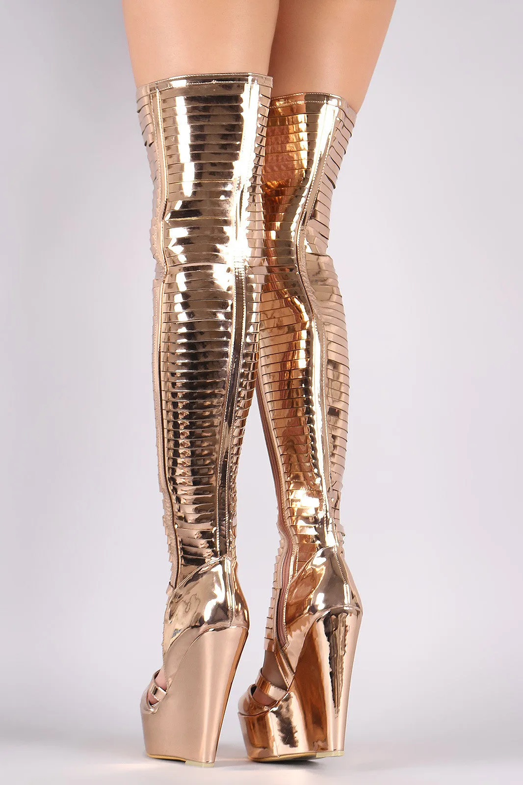 Metallic Patent Slashed Over-The-Knee Platform Wedge Boots