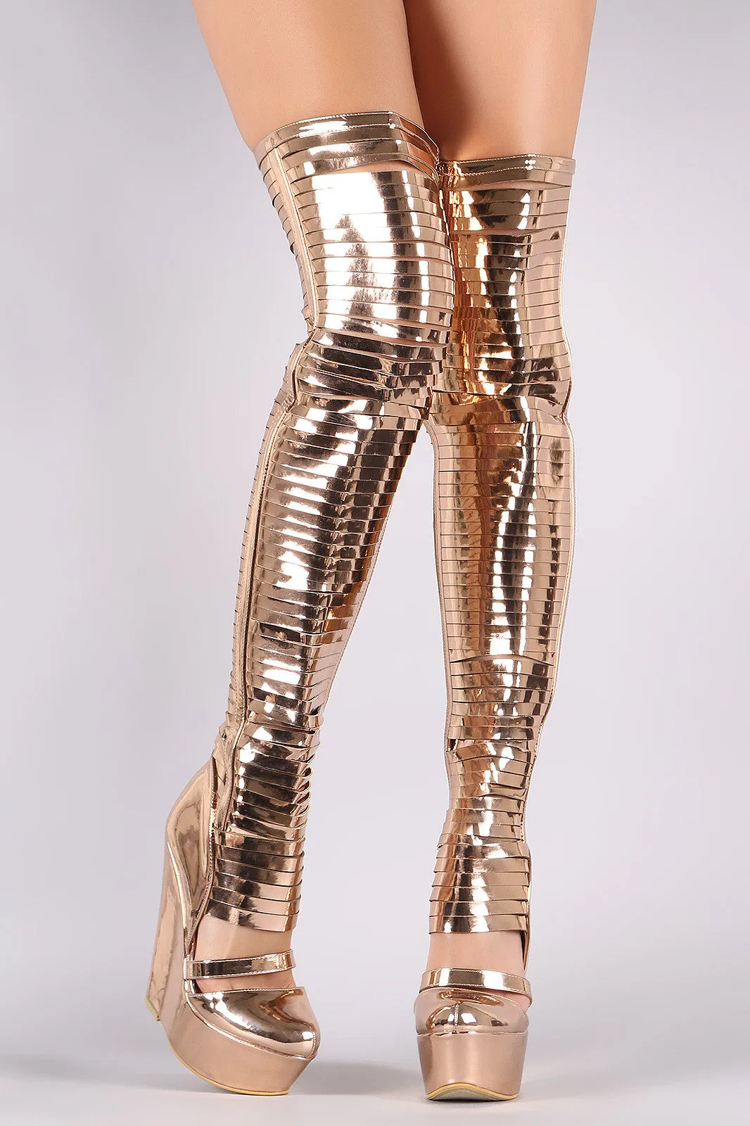 Metallic Patent Slashed Over-The-Knee Platform Wedge Boots