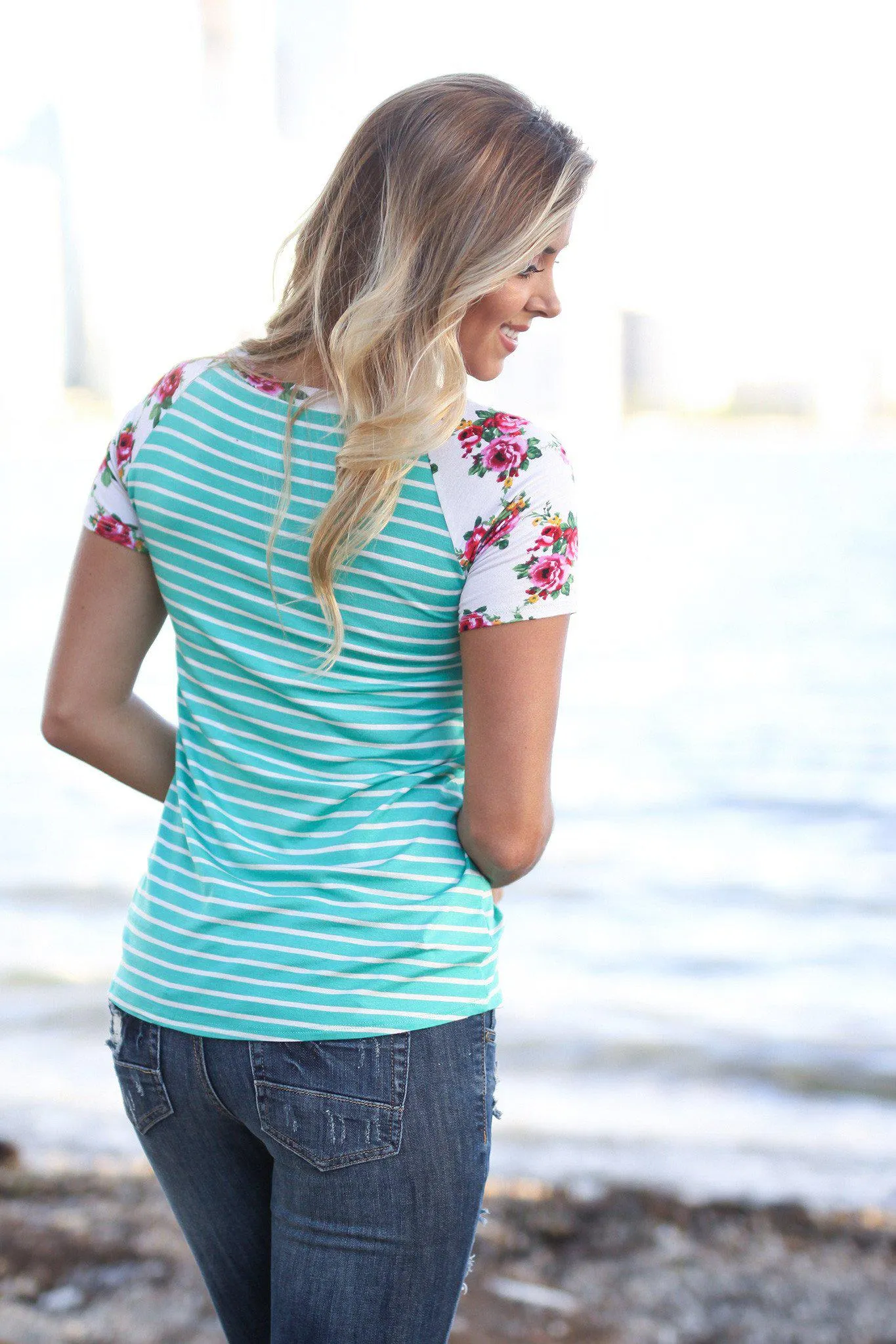 Mint and White Striped Top with Floral Sleeves