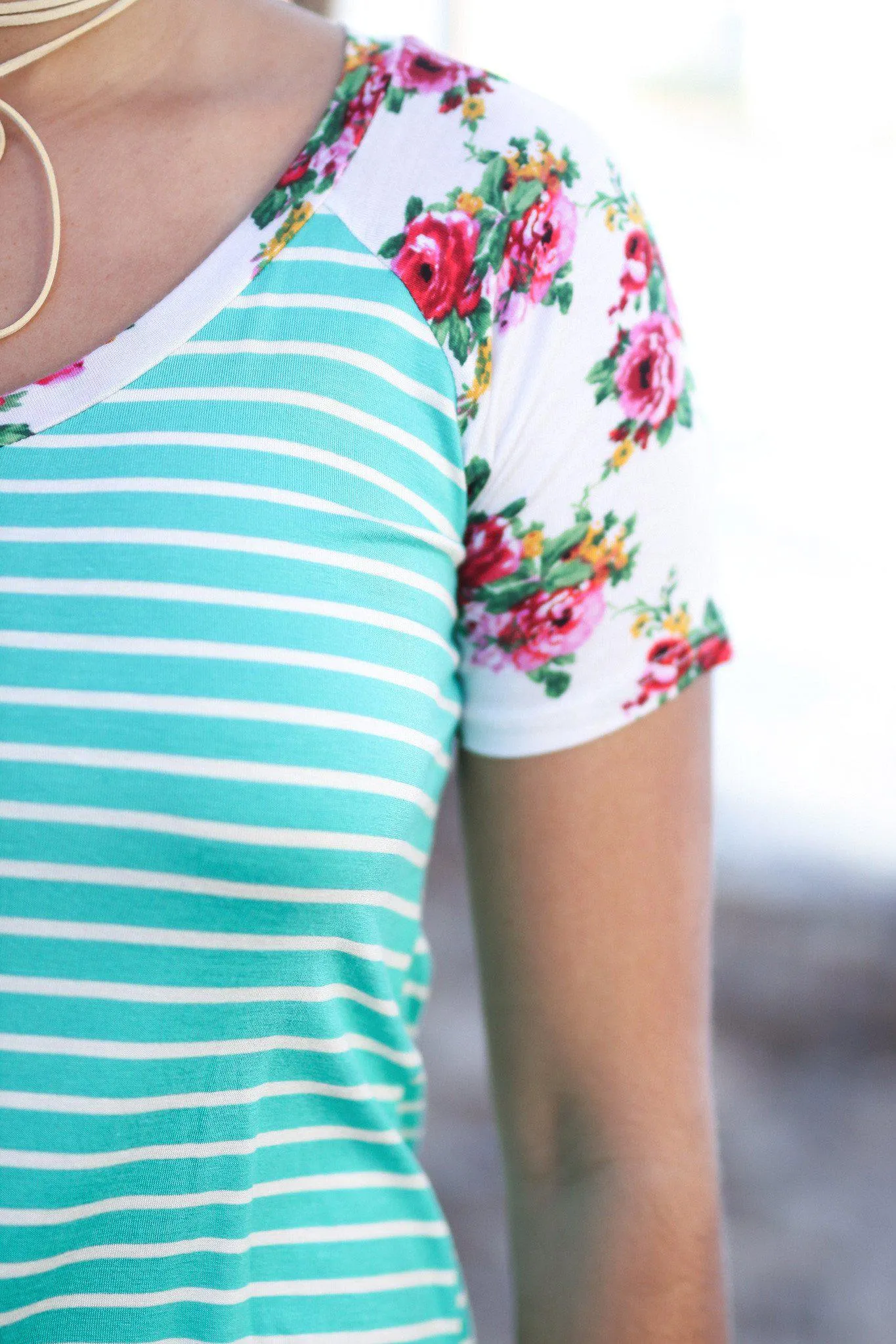 Mint and White Striped Top with Floral Sleeves