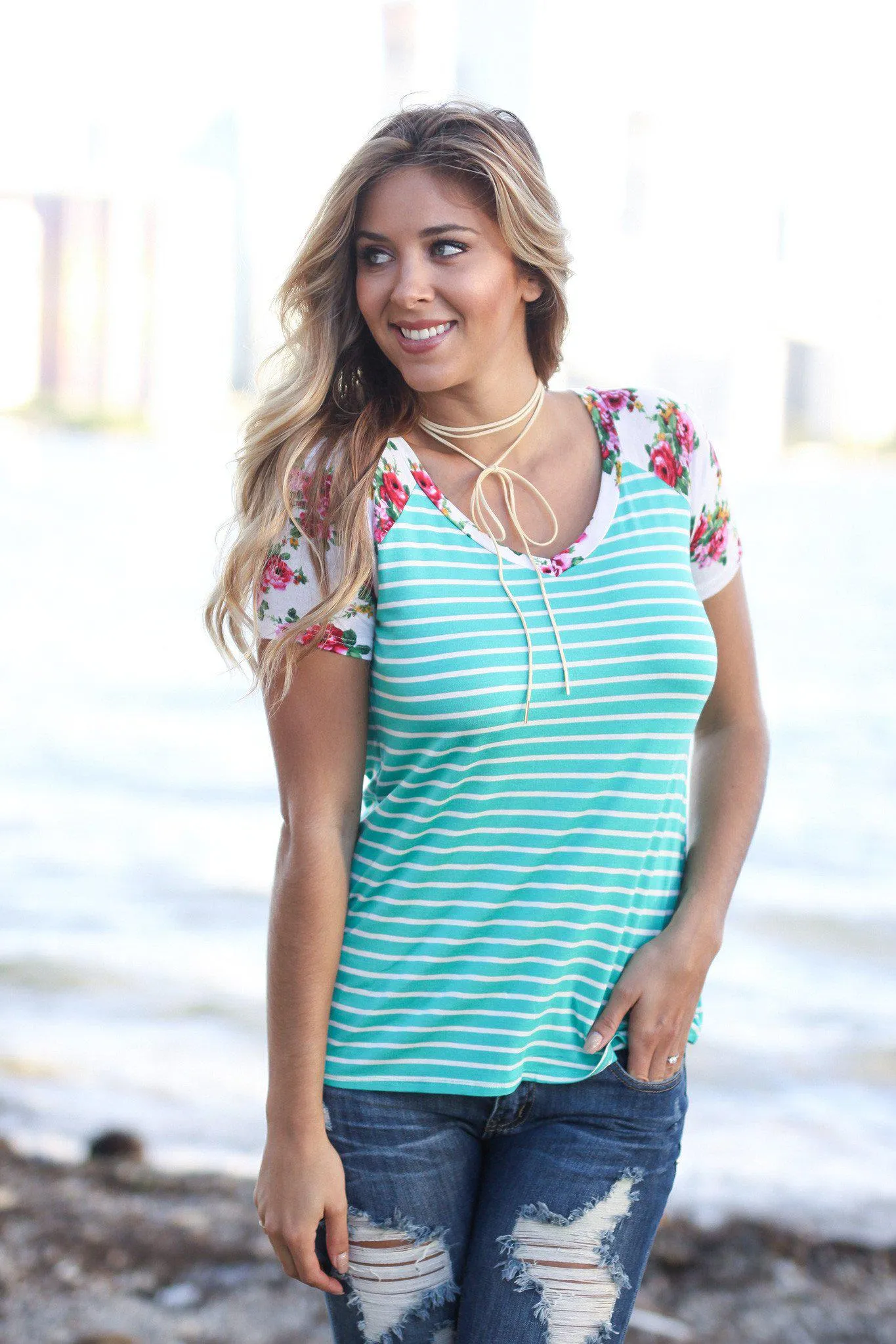 Mint and White Striped Top with Floral Sleeves