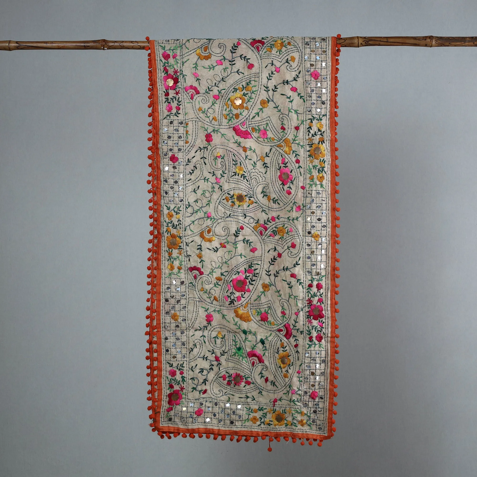 Orange - Ranihati Chanderi Silk Phulkari Embroidered Stole 141