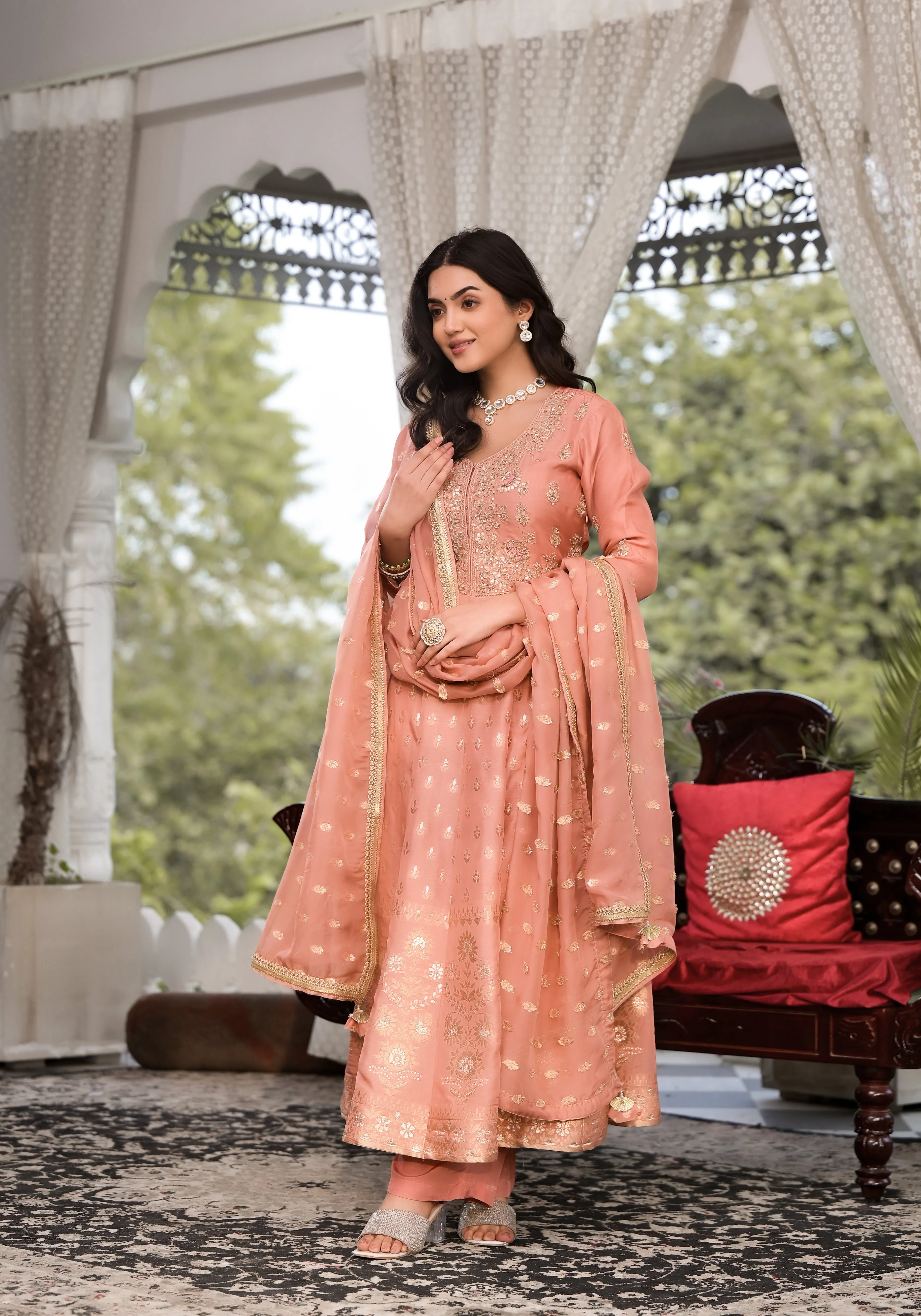 Peach Zardozi Embroidered Banarsi Russian Silk Kurta Set With Banarsi Khadi Organza Dupatta