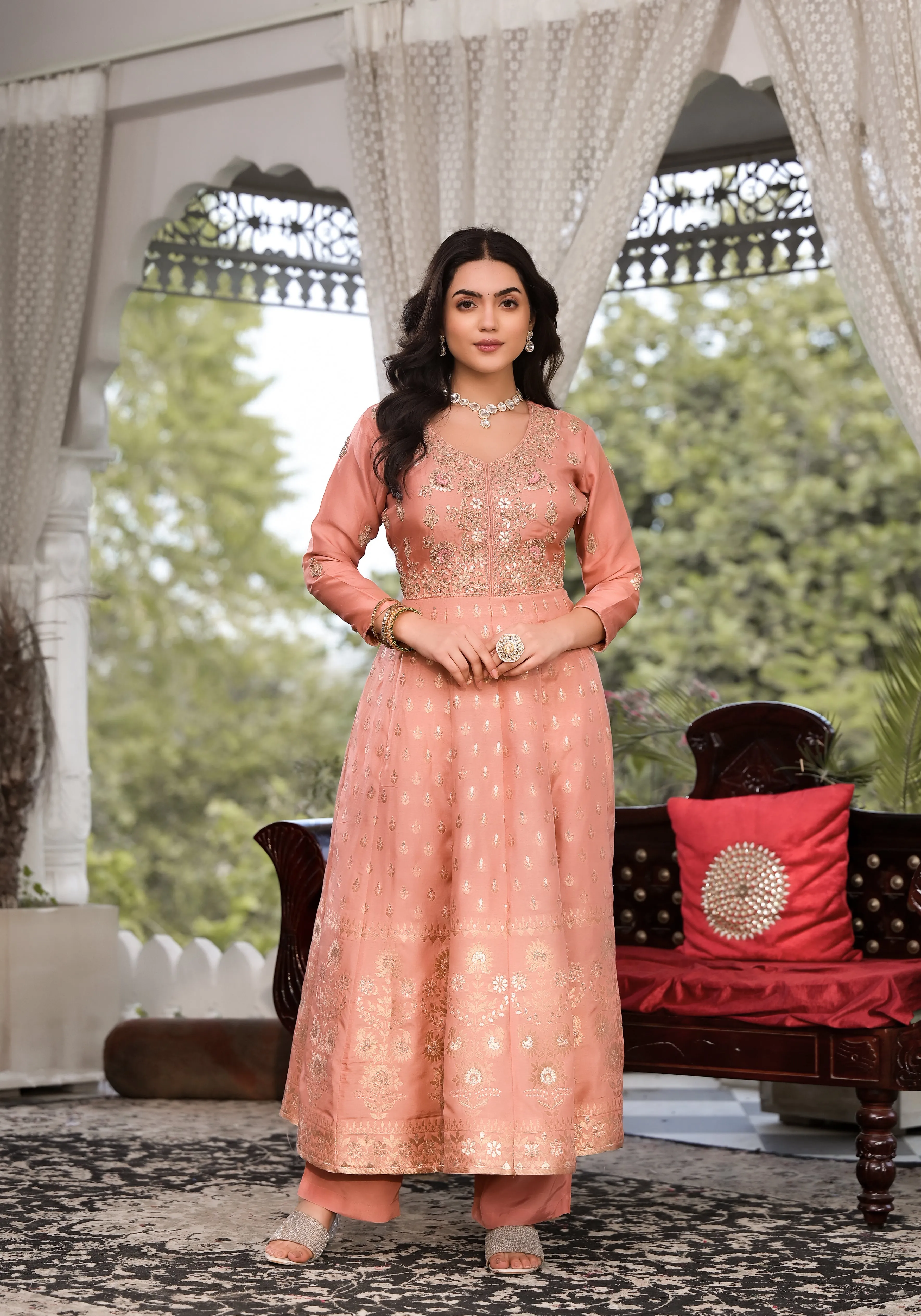 Peach Zardozi Embroidered Banarsi Russian Silk Kurta Set With Banarsi Khadi Organza Dupatta