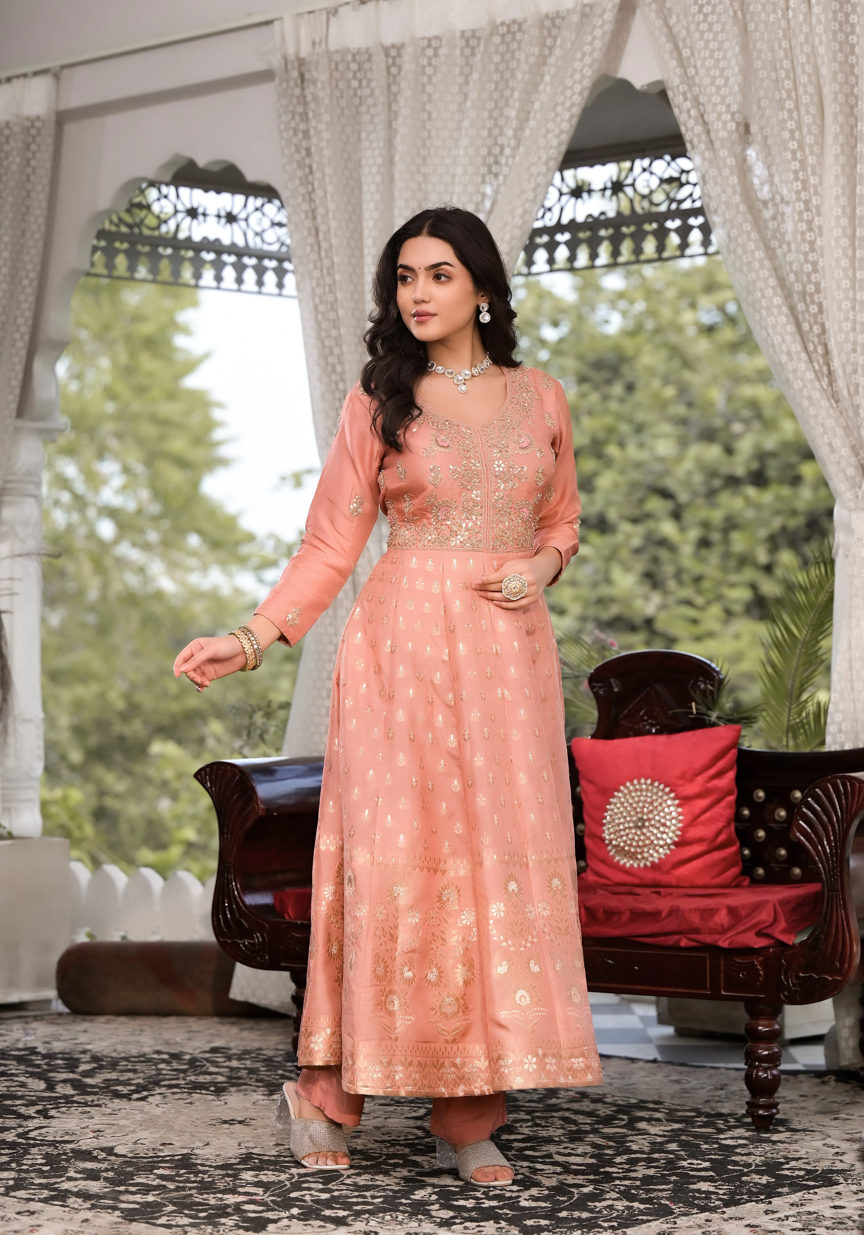 Peach Zardozi Embroidered Banarsi Russian Silk Kurta Set With Banarsi Khadi Organza Dupatta