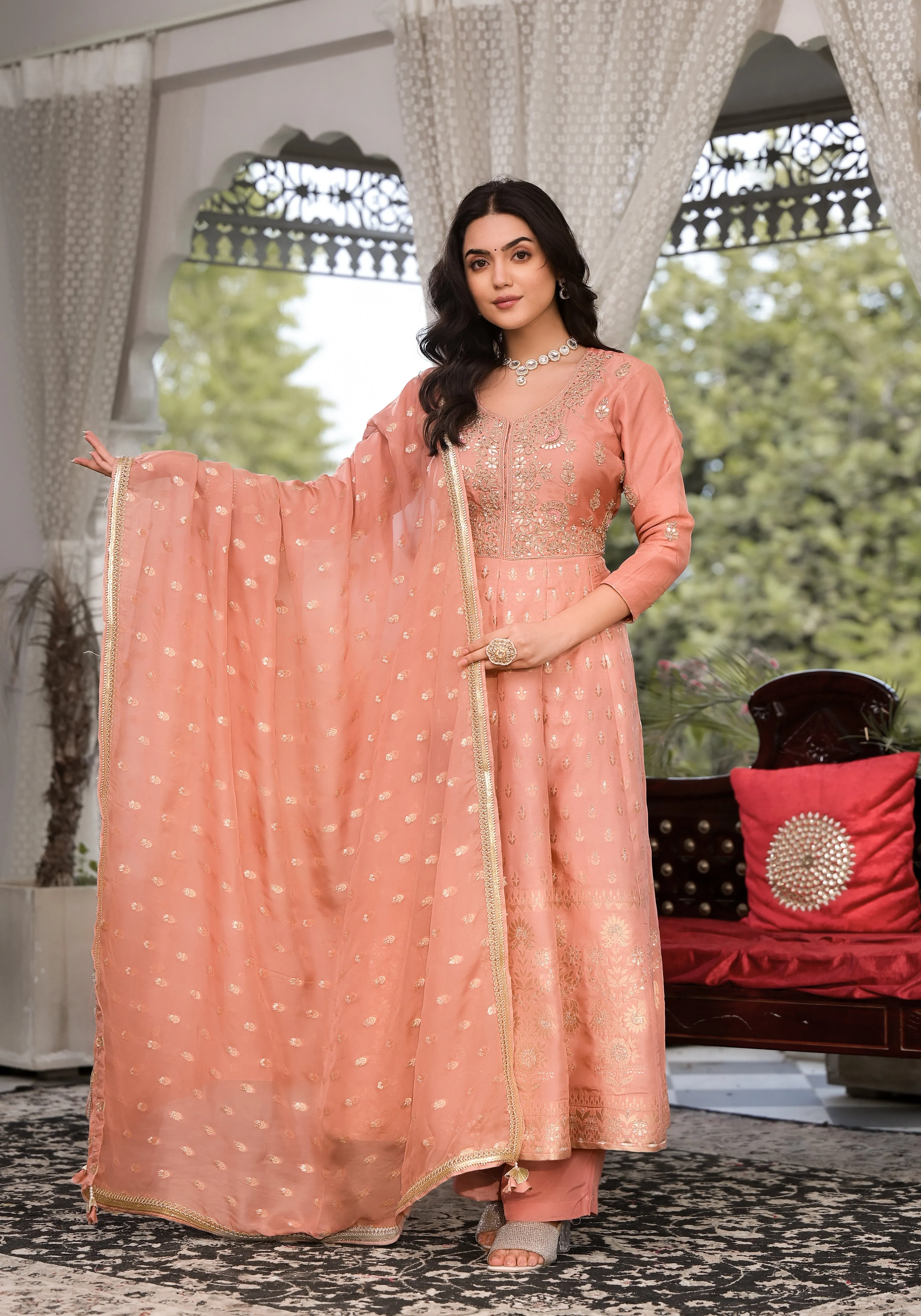 Peach Zardozi Embroidered Banarsi Russian Silk Kurta Set With Banarsi Khadi Organza Dupatta