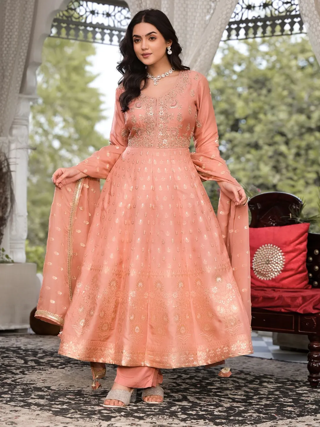 Peach Zardozi Embroidered Banarsi Russian Silk Kurta Set With Banarsi Khadi Organza Dupatta