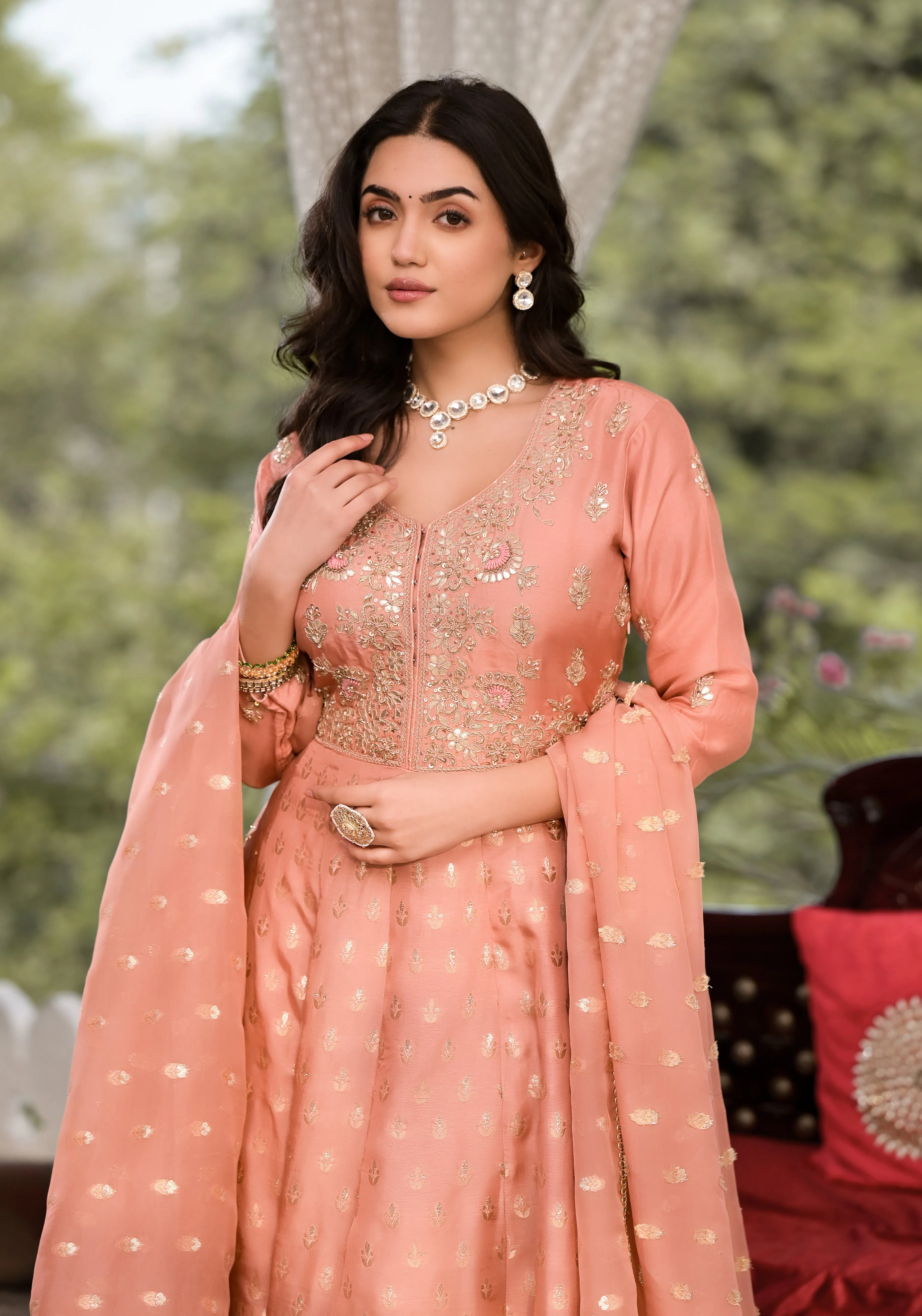 Peach Zardozi Embroidered Banarsi Russian Silk Kurta Set With Banarsi Khadi Organza Dupatta