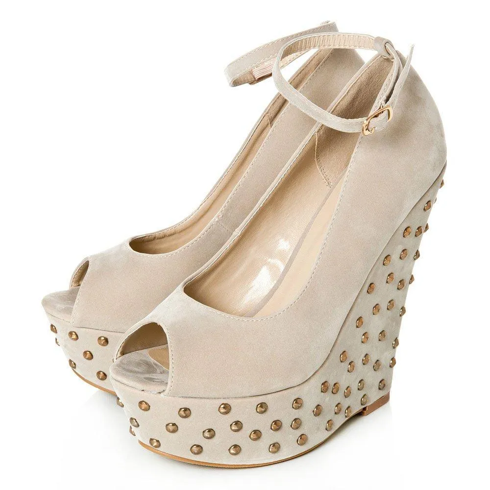 Peep Toe Platform Wedge High Heeled Studded Court Shoe