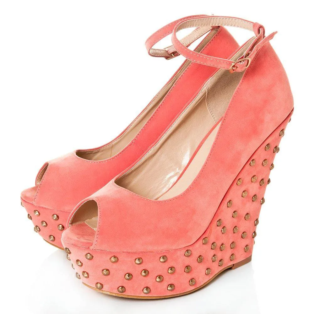 Peep Toe Platform Wedge High Heeled Studded Court Shoe