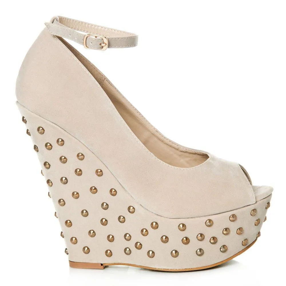 Peep Toe Platform Wedge High Heeled Studded Court Shoe