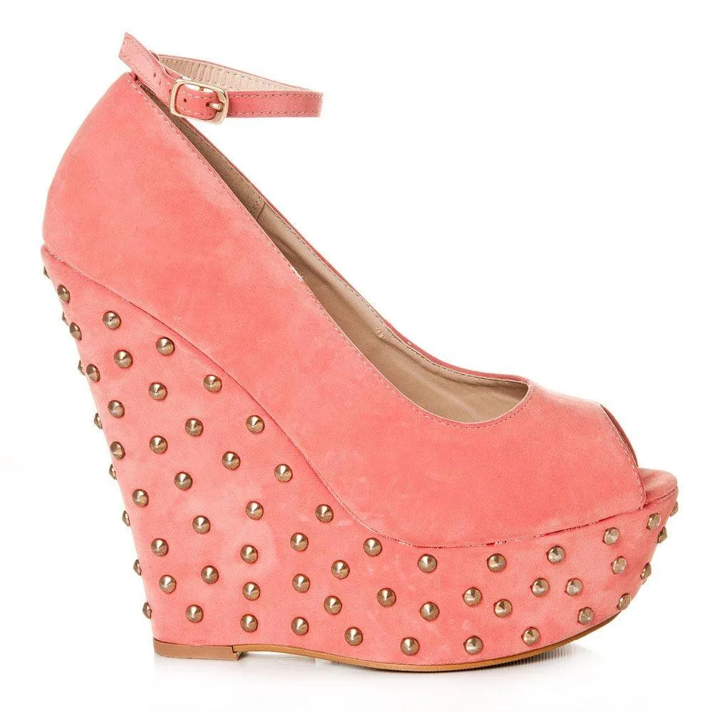 Peep Toe Platform Wedge High Heeled Studded Court Shoe