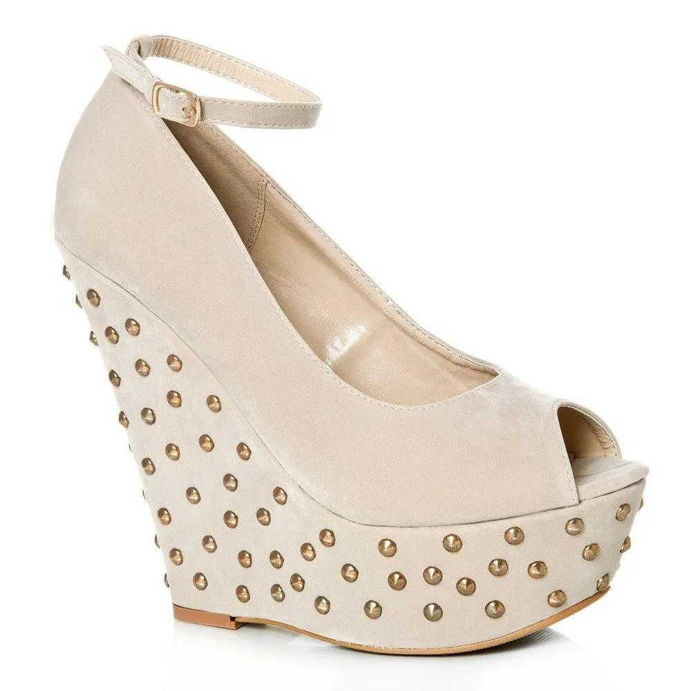 Peep Toe Platform Wedge High Heeled Studded Court Shoe