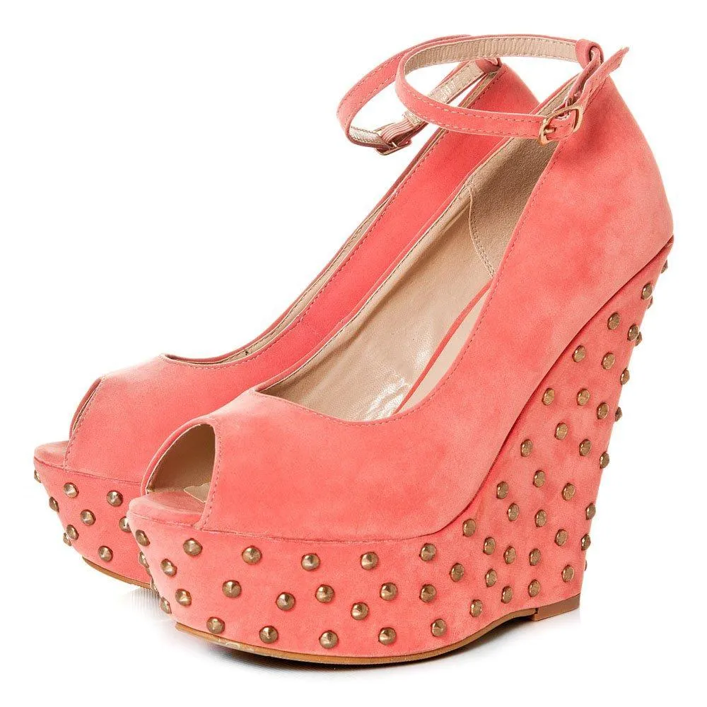 Peep Toe Platform Wedge High Heeled Studded Court Shoe