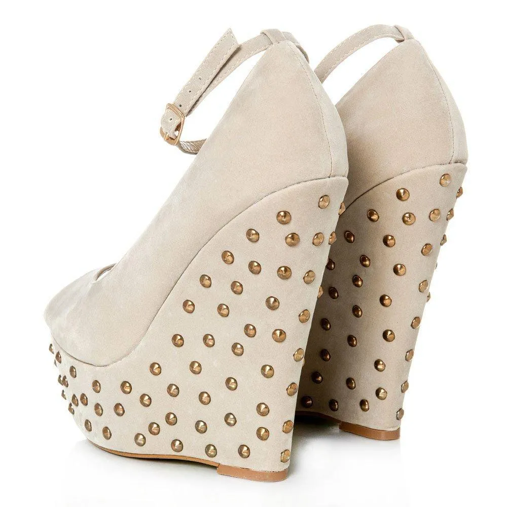 Peep Toe Platform Wedge High Heeled Studded Court Shoe