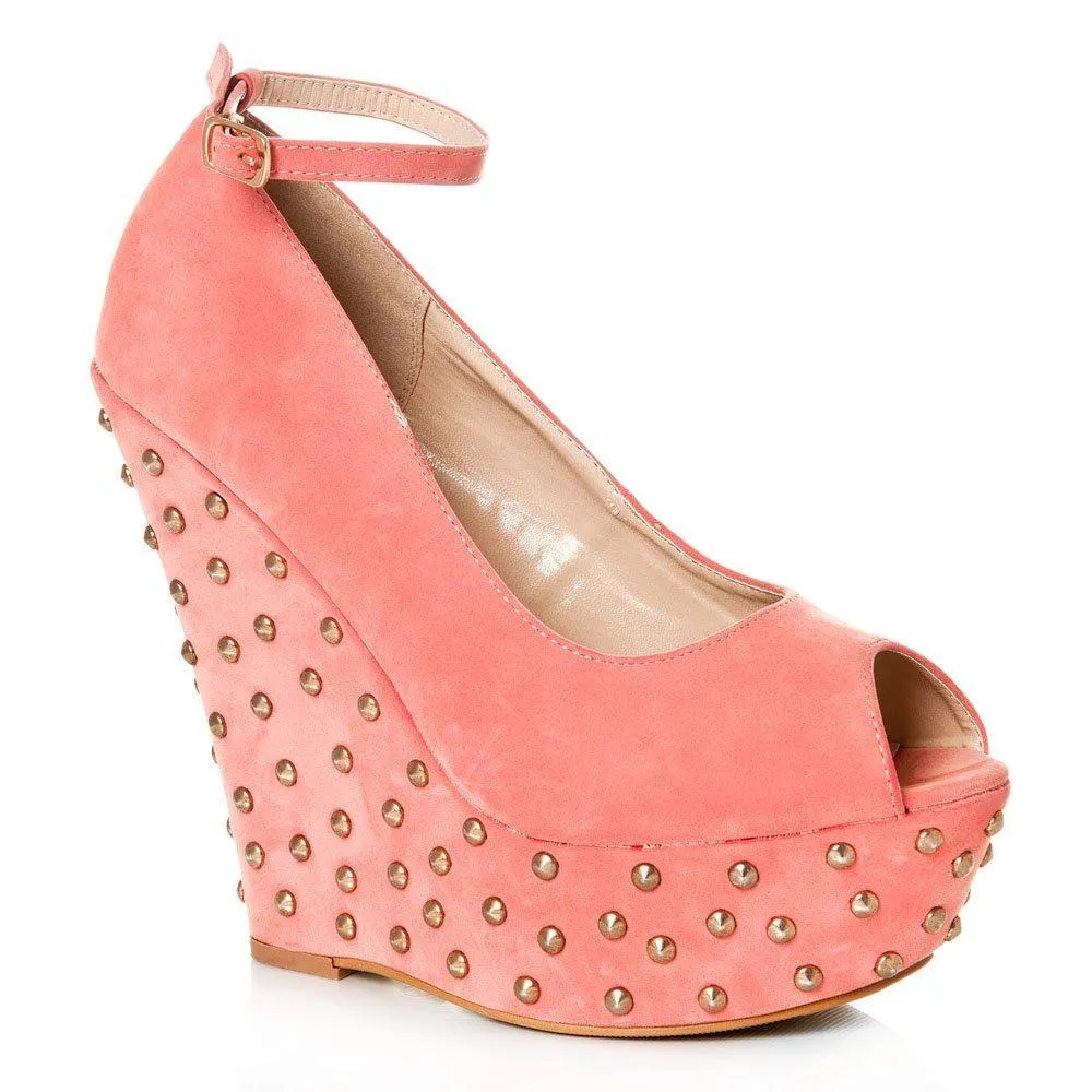 Peep Toe Platform Wedge High Heeled Studded Court Shoe