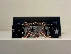 Pesazia - Logo Stretch Bit Belts - Black & Silver Stars w/ Rose Gold Snaffle Bit