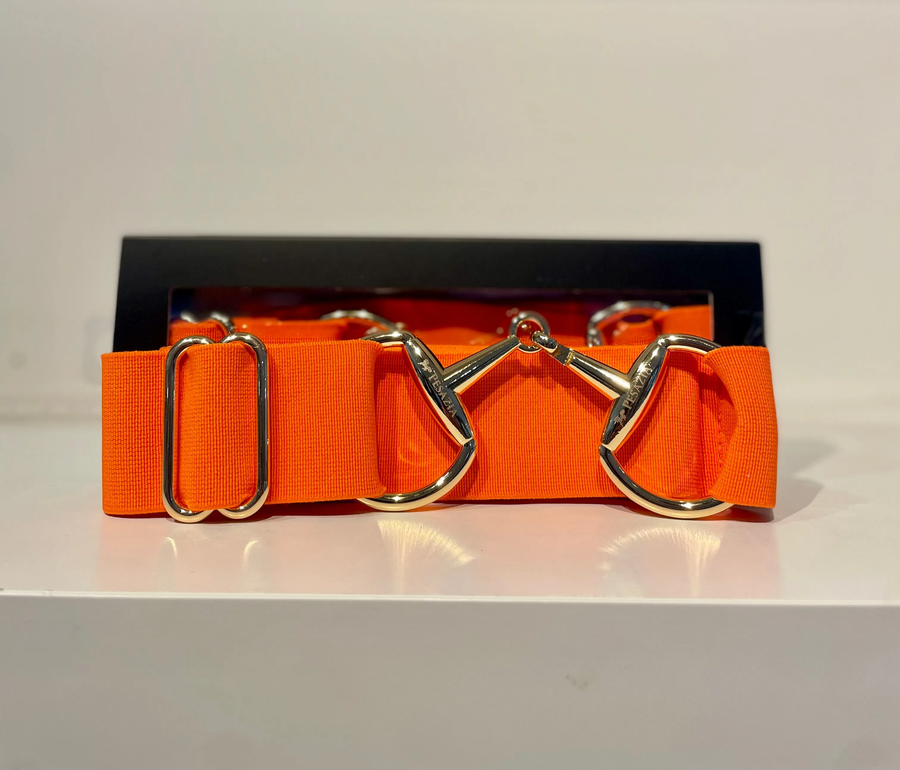 Pesazia - Logo Stretch Bit Belts - Orange w/ Gold Snaffle Bit