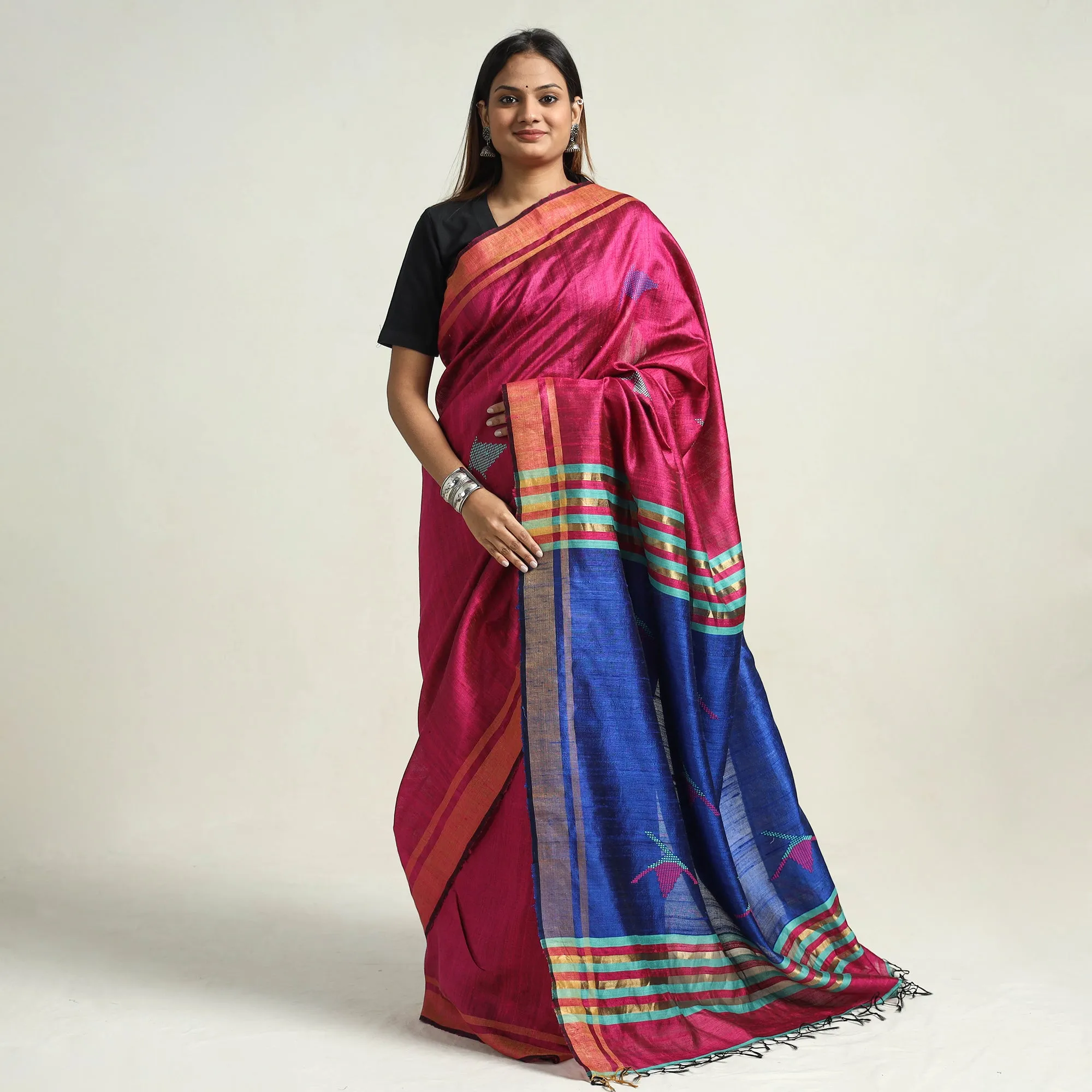 Pink - Bhagalpuri Handloom Desi Tussar Silk Zari Border Saree