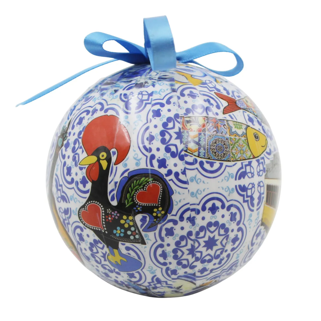 Portugal Christmas Ornament with Blue Azulejo-Style Design and Blue Ribbon