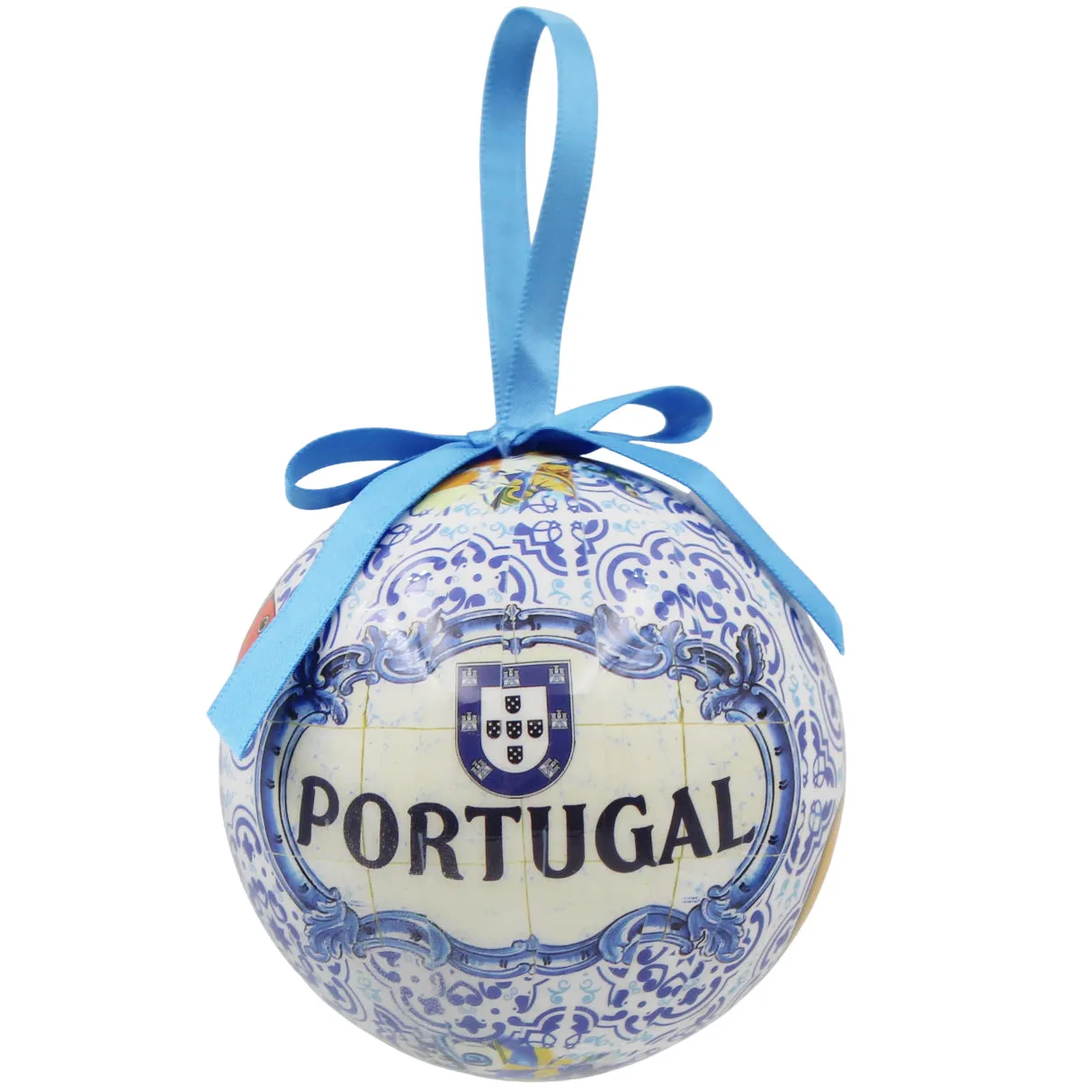 Portugal Christmas Ornament with Blue Azulejo-Style Design and Blue Ribbon