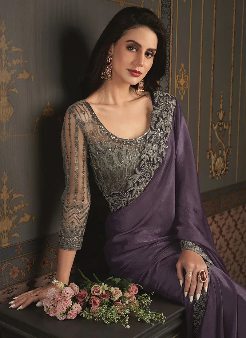 Purple Sequence Embroidery Silk Saree