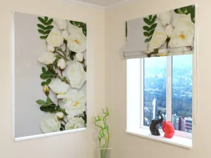 Roman Blind Elegant White Roses on Gray Stone