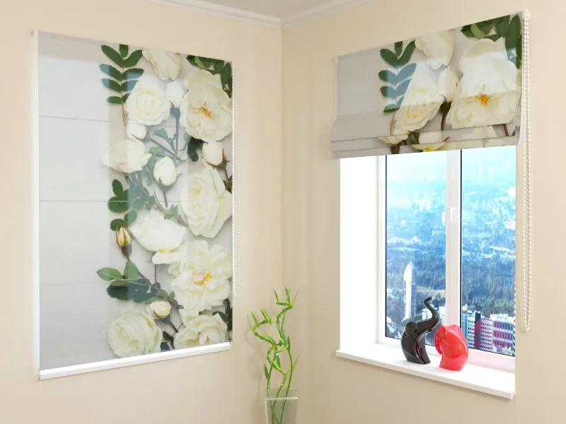 Roman Blind Elegant White Roses on Gray Stone