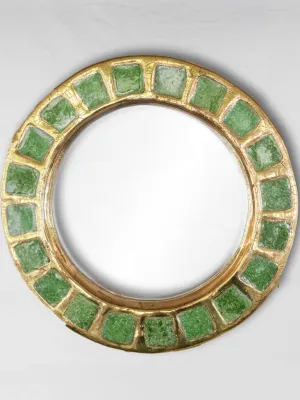 Round mid-century mirror w/ green tiles & gold frame -  Mithe Espelt (1924-2021) - 8¾"