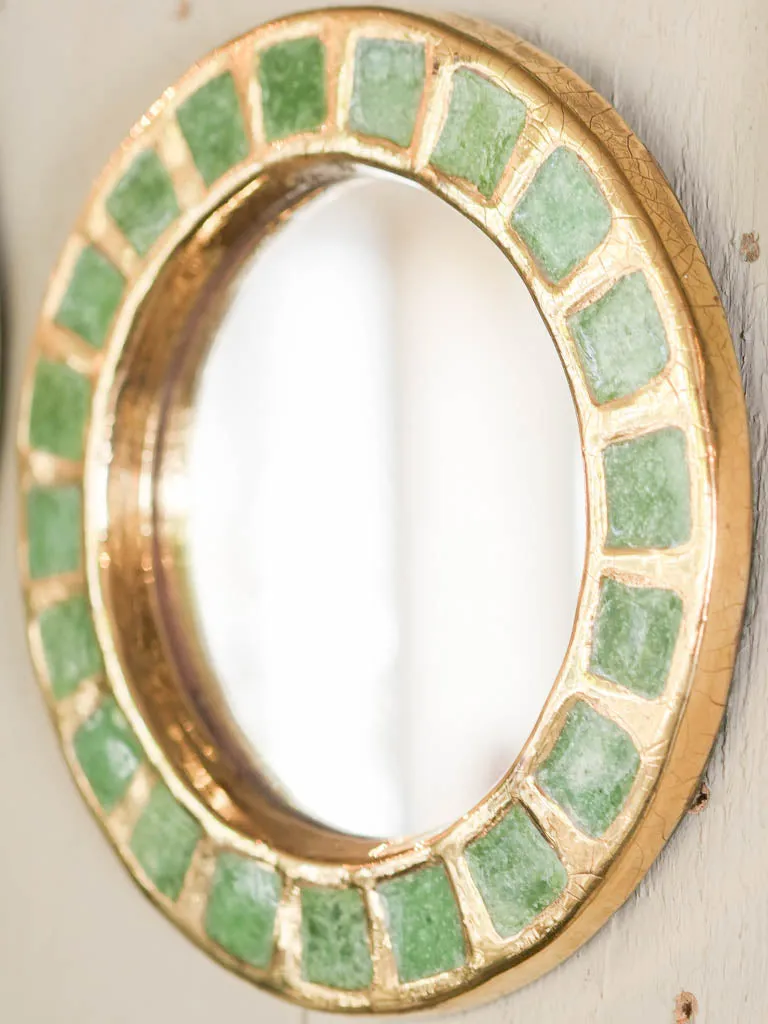 Round mid-century mirror w/ green tiles & gold frame -  Mithe Espelt (1924-2021) - 8¾"