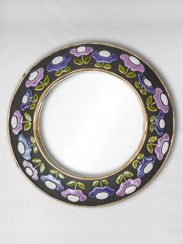 Round mid-century modern mirror w/ purple flowers - Mithe Espelt (1924-2021) - 10¾"