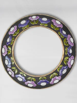 Round mid-century modern mirror w/ purple flowers - Mithe Espelt (1924-2021) - 10¾"