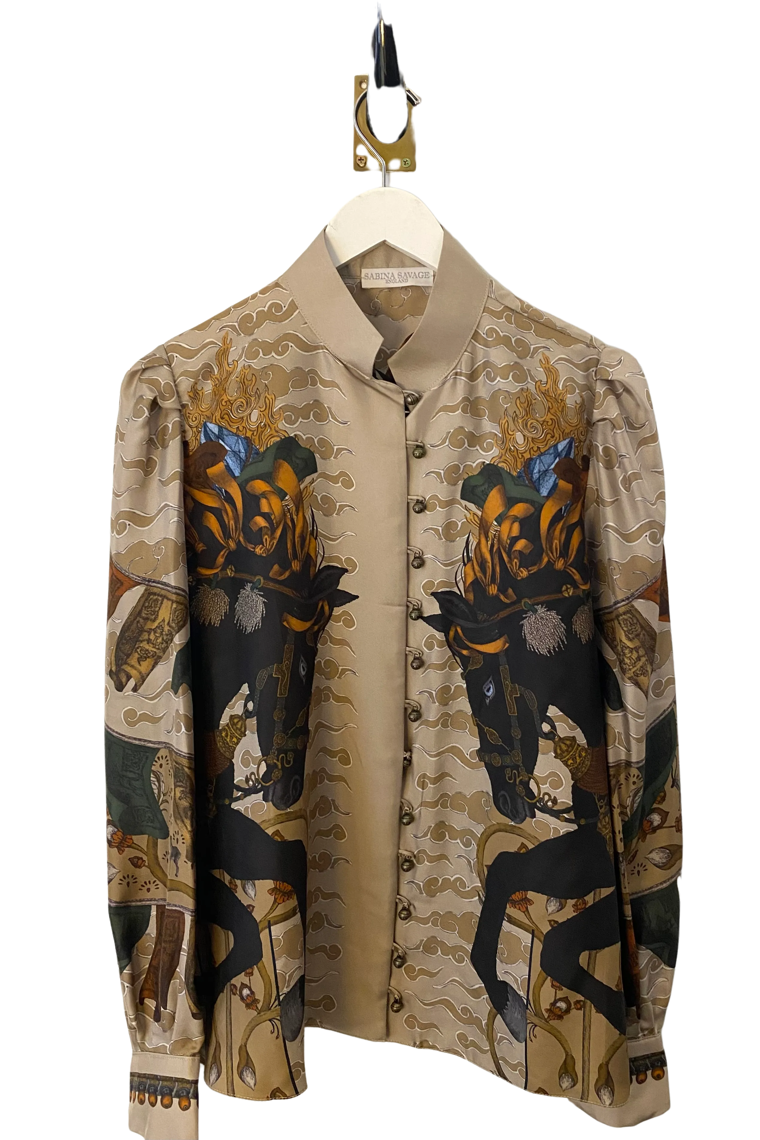 Sabina Savage "The Wind Horse" Silk Stand Collar Blouse Coal/Cloud