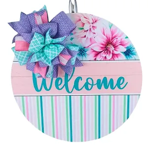 Spring Door Hanger, Pastel Welcome Sign, Birch Wood Floral Decor