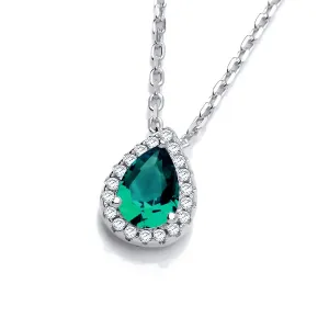 Sterling Silver Emerald Green CZ Teardrop Halo Necklace