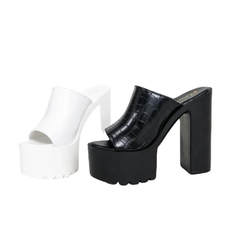 TAVIMART  -  14cm Super High Heel Platform Open Toe Women's Summer Sandals White Black Slippers