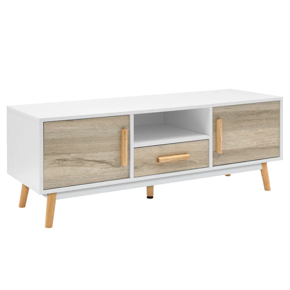 Two Tone Entertainment Unit TV Stand Cabinet Cupboard - White & Wood