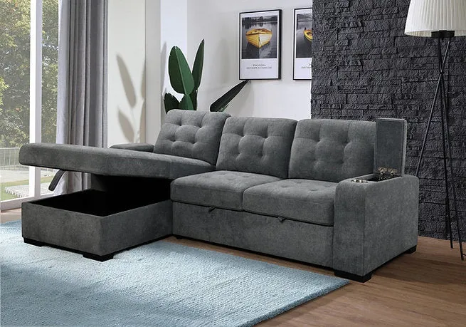 VersaSleeper Sectional: Grey Tufted Convertible with Multi-Storage & Chrome Cup Holders