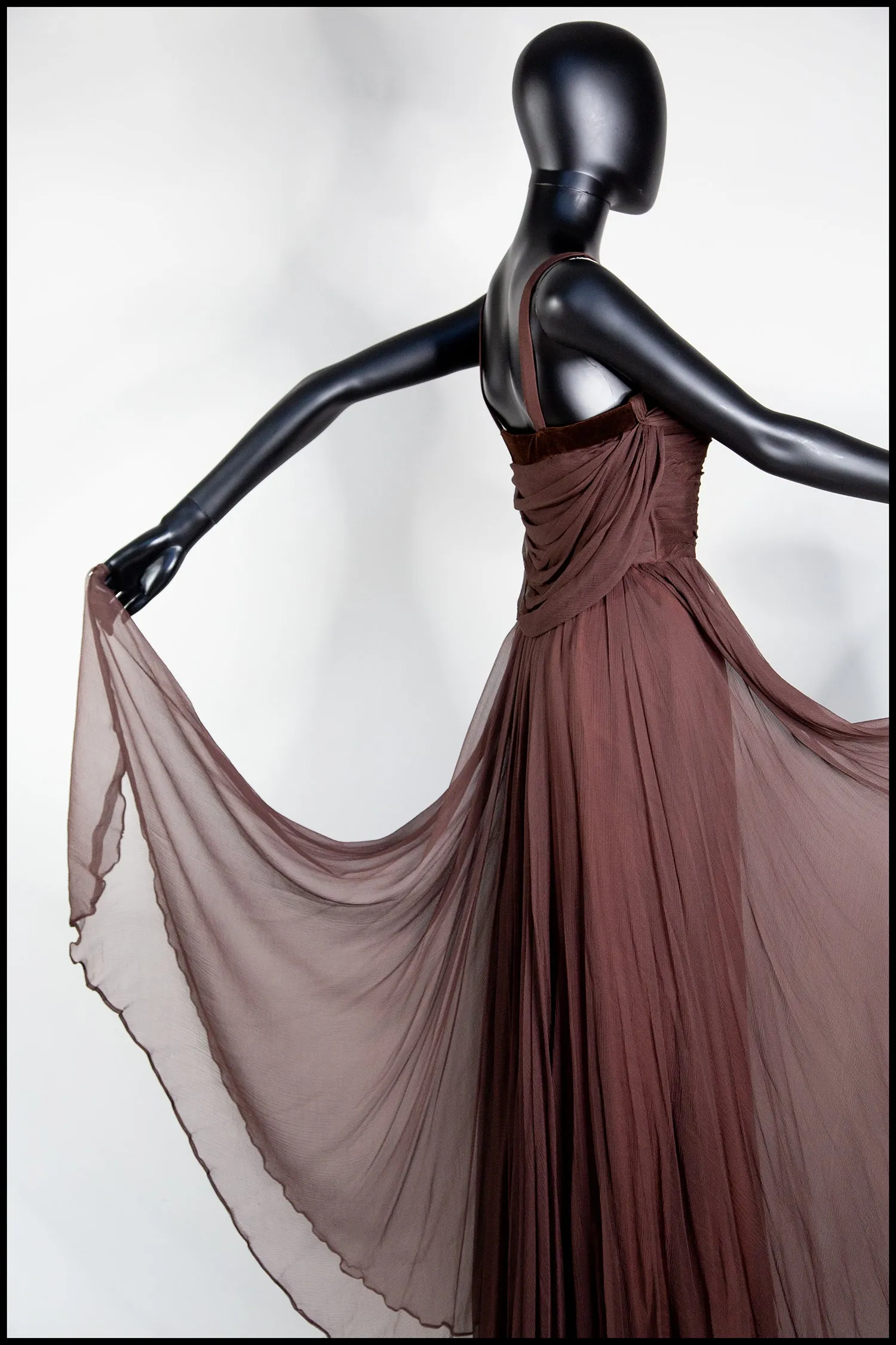 Vintage 1950s Dark Brown Silk Chiffon Maxi Dress