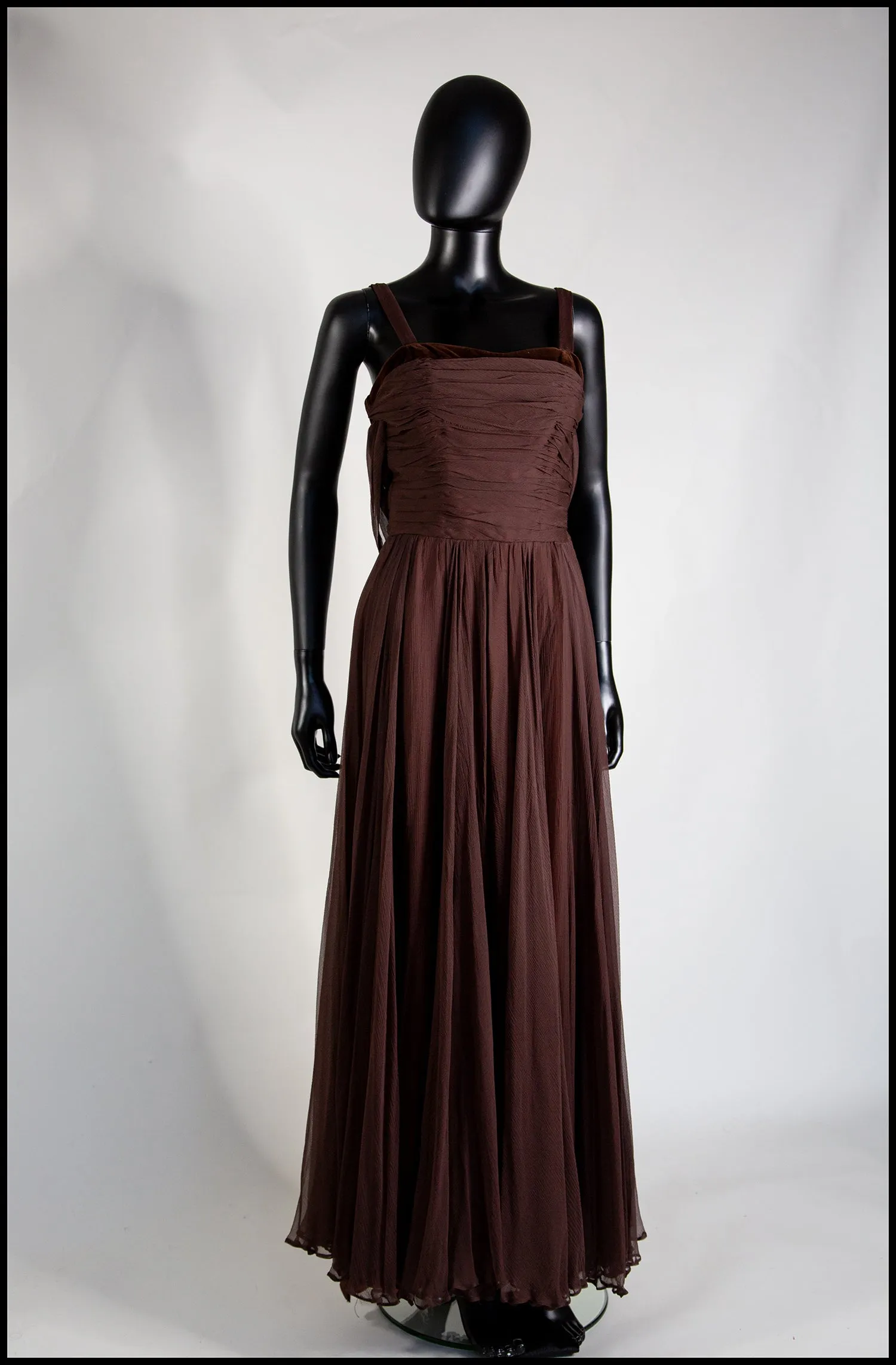 Vintage 1950s Dark Brown Silk Chiffon Maxi Dress