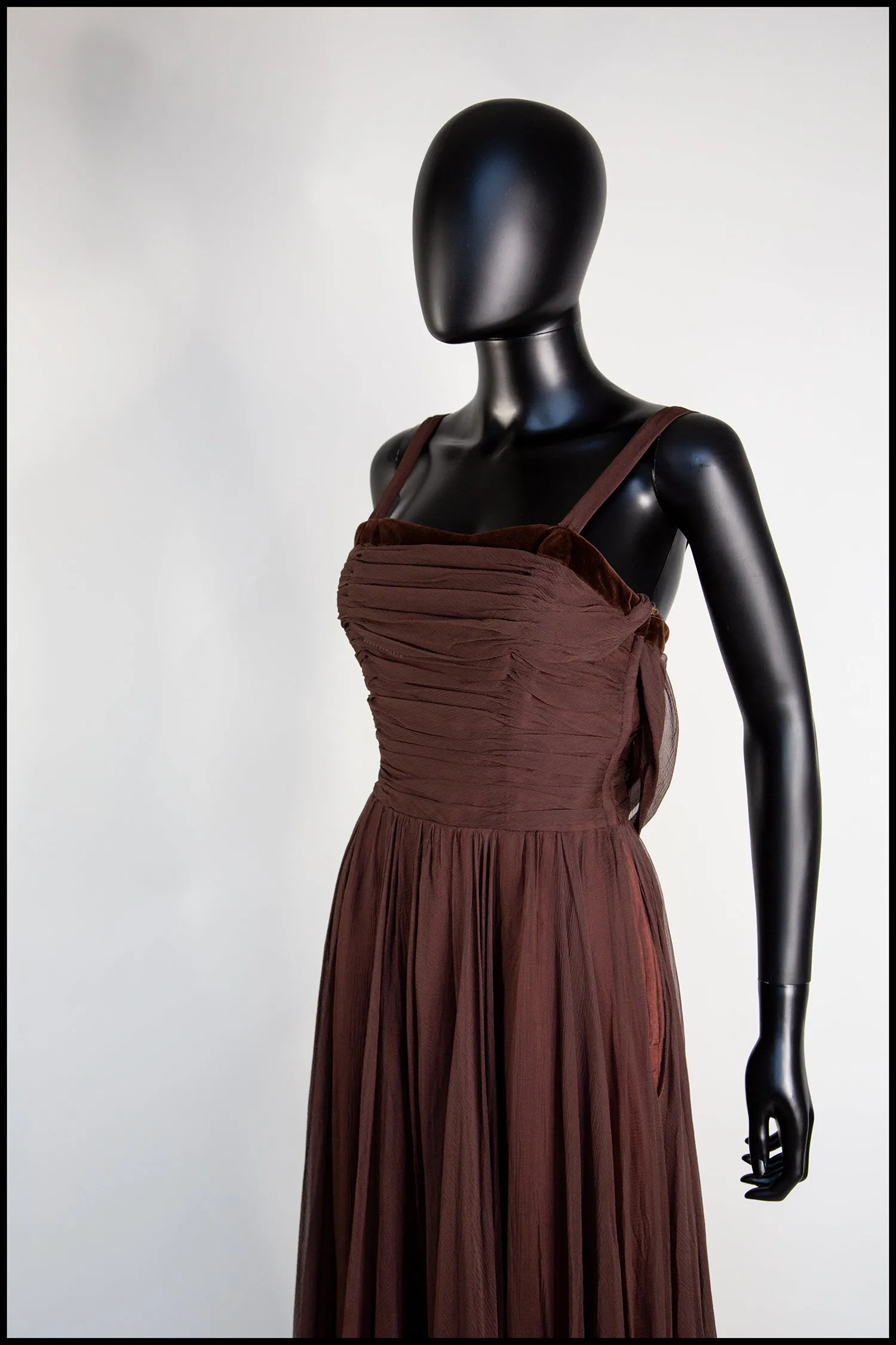 Vintage 1950s Dark Brown Silk Chiffon Maxi Dress