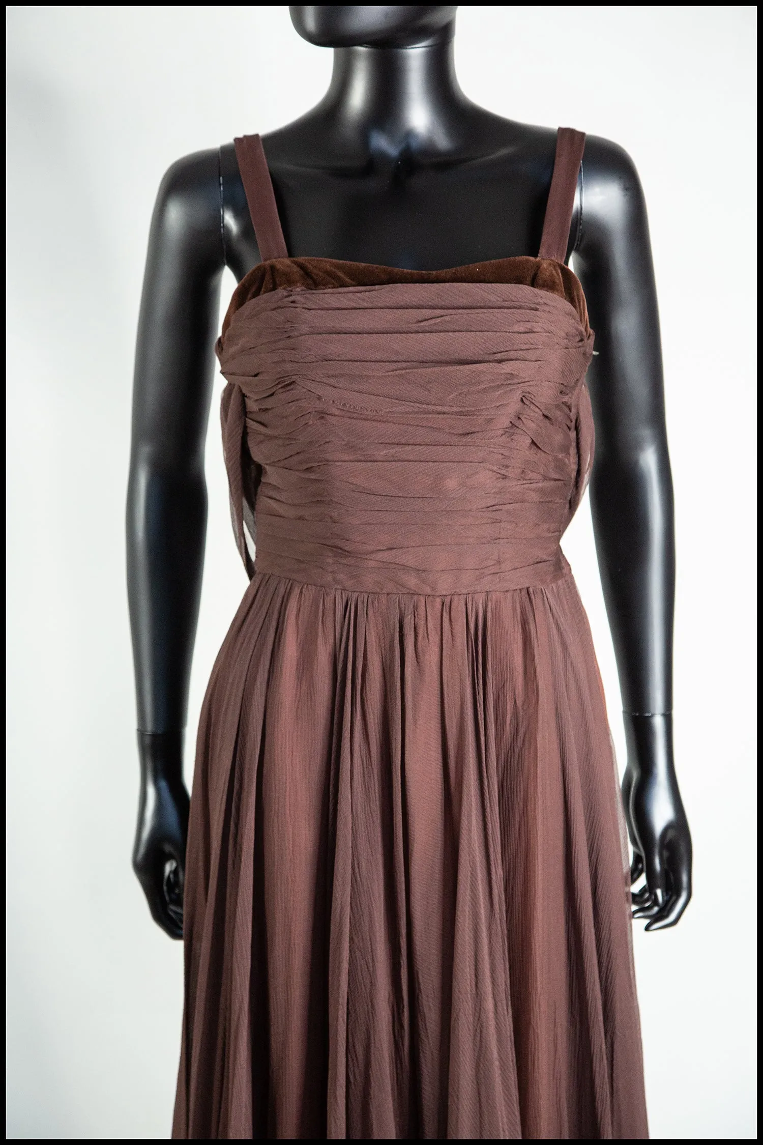 Vintage 1950s Dark Brown Silk Chiffon Maxi Dress